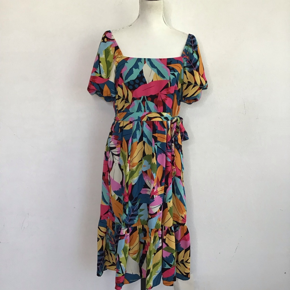 Maia Women Elegant Stylish Multicolor Leaf Print Midi Dress Size 6